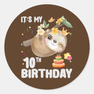 Sticker Rond Enfants 10e anniversaire Sloth Girl Party mignonne