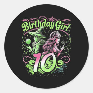 Sticker Rond Enfants 10e Anniversaire Sorcière rose et vert 10