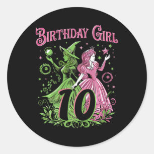 Sticker Rond Enfants 10e Anniversaire Sorcière rose et vert 10