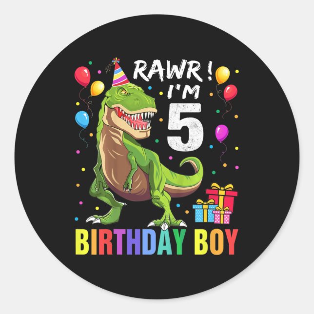 Sticker Rond Enfants 5 ans 5e anniversaire garçon T Rex Dinosau (Devant)