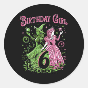 Sticker Rond Enfants 6e Anniversaire Sorcière rose et verte 6 A