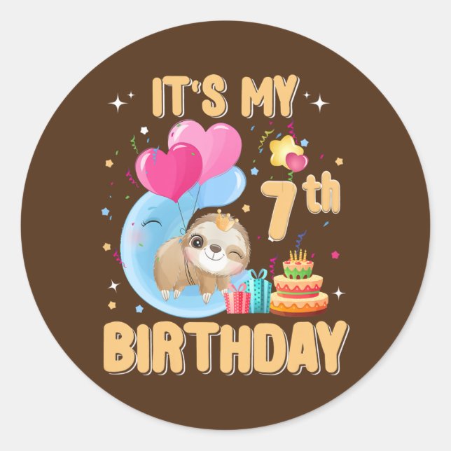 Sticker Rond Enfants 7 ans Sloth 7th Birthday Girl Party (Devant)