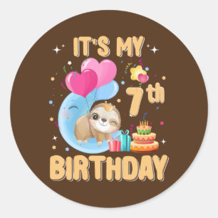 Sticker Rond Enfants 7 ans Sloth 7th Birthday Girl Party
