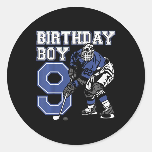 Sticker Rond Enfants 9 ans Hockey sur glace thème Anniversaire  (Devant)