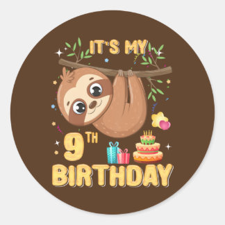 Sticker Rond Enfants 9 ans Sloth Girl Party mignonne Sloth Love