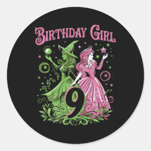 Sticker Rond Enfants 9e Anniversaire Sorcière rose et verte 9 A