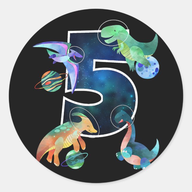Sticker Rond Enfants Astronaut Espace Dinosaures 5e anniversair (Devant)