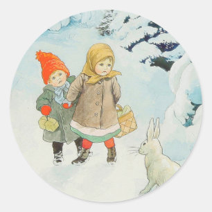 Sticker Rond Enfants avec du lièvre en hiver - Noël