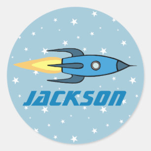 Sticker Rond Enfants Blue Rocket Ship Espace Extérieur Personna