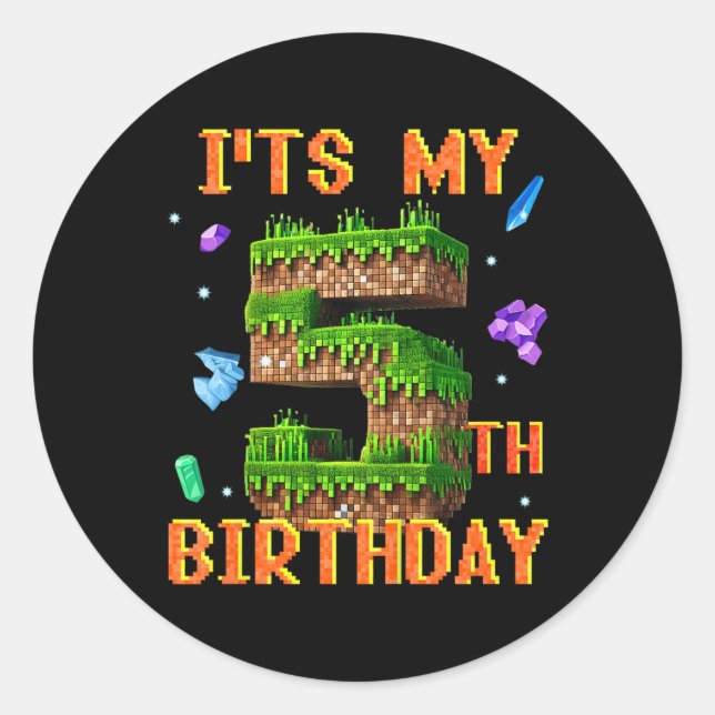 Sticker Rond Enfants C'Est Mon 5E Anniversaire Pixel Gamer Part (Devant)