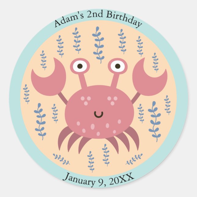 Sticker Rond Enfants crabe rouge soyeux sous la mer Anniversair (Devant)