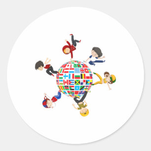 Sticker Rond Enfants Dansant Autour Des Drapeaux Mondiaux D