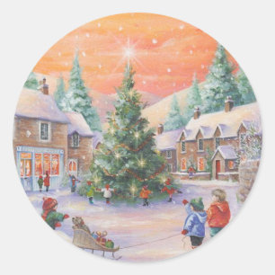 Sticker Rond Enfants De Noël Vintage Dans La Neige