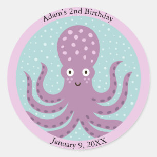 Sticker Rond Enfants de poulpe pourpre sous la mer Anniversaire
