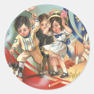 Sticker Rond Enfants Drapeau américain Chien Feux d'artifice Pé