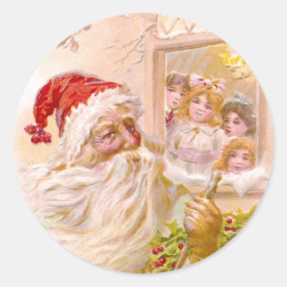 Sticker Rond Enfants espèrent Père Noël devant Noël Vintage