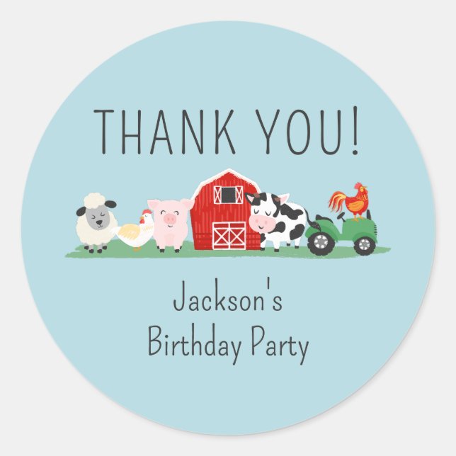 Sticker Rond Enfants ferme animal anniversaire Merci (Devant)