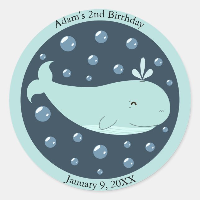 Sticker Rond Enfants Happy Blue Whale Under the Sea Anniversair (Devant)