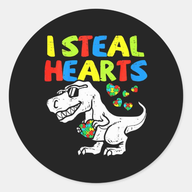 Sticker Rond Enfants Je Vole Coeurs Trex Dinosaur Par (Devant)
