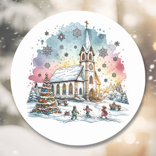 Sticker Rond Enfants jouant à l'église à l'heure de Noël