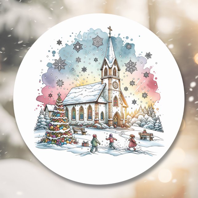 Sticker Rond Enfants jouant à l'église à l'heure de Noël (Créateur téléchargé)