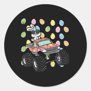 Sticker Rond Enfants Lapin De Pâques Sur Monster Truck Oeufs De