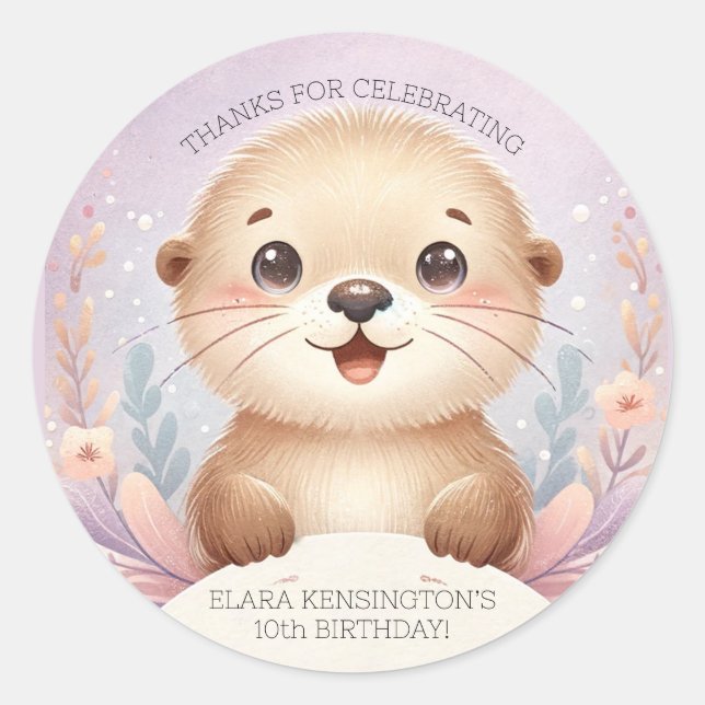 Sticker Rond Enfants Lilac Sea Otter mignonne fête d'anniversai (Devant)