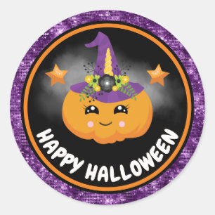Sticker Rond Enfants mignons Citrouille et paillettes violettes