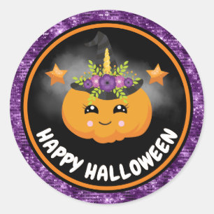 Sticker Rond Enfants mignons Citrouille et Paillettes Violettes