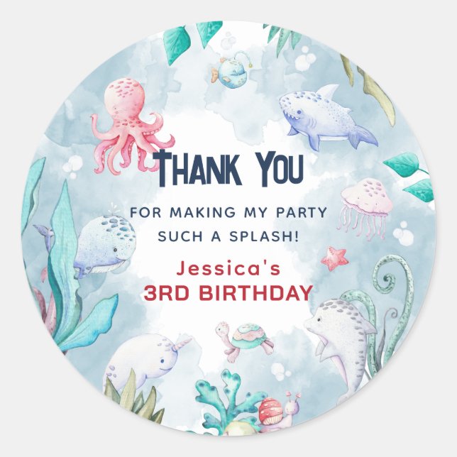 Sticker Rond Enfants mignons sous la mer Anniversaire Merci (Devant)