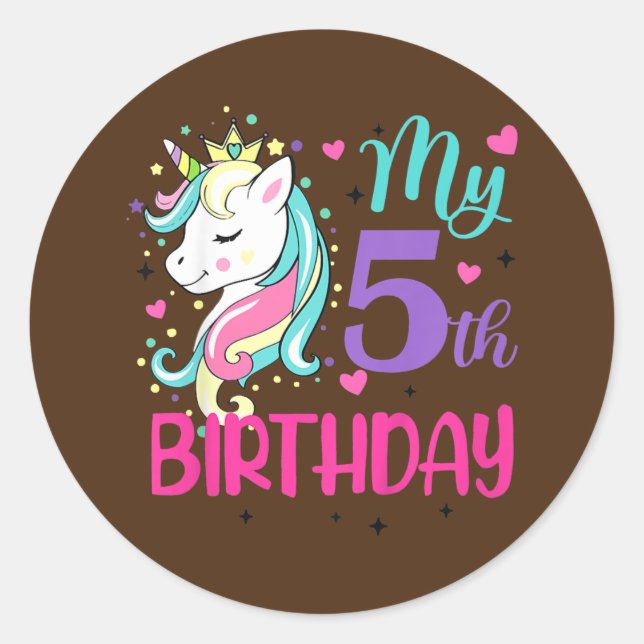 Sticker Rond Enfants Mon 5e anniversaire mignon Unicorn Amour A (Devant)