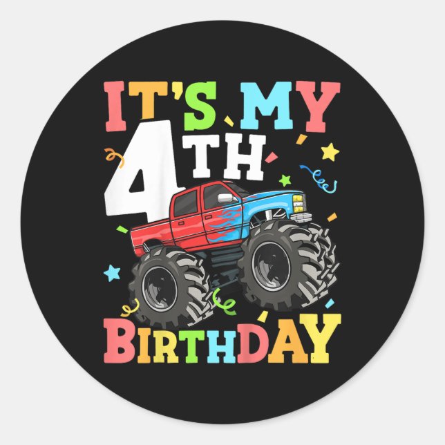 Sticker Rond Enfants Monster Camion Mon 4e anniversaire Garçon  (Devant)