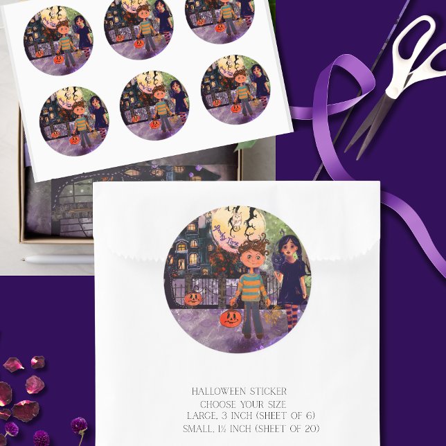 Sticker Rond Enfants monstres d'Halloween Spooky Time (Spooky Time Monster Kids Halloween Classic Round Sticker)