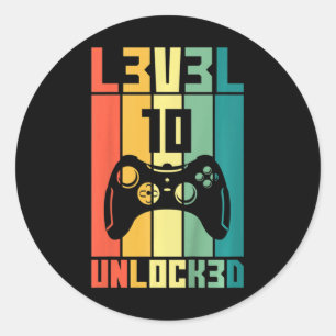 Sticker Rond Enfants Niveau 10 Débloqué Vintage Joueur de jeux