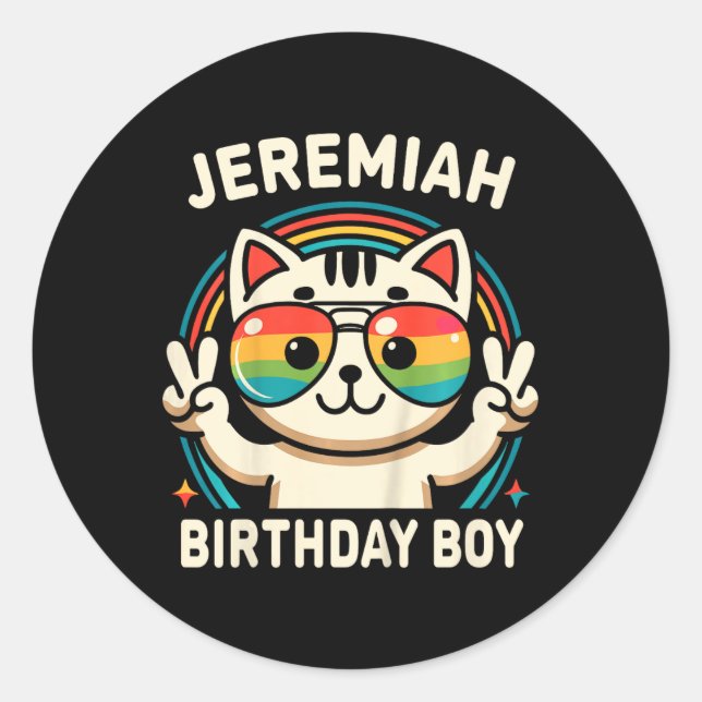 Sticker Rond Enfants Nom Jeremiah Anniversaire Garçon Chat (Devant)