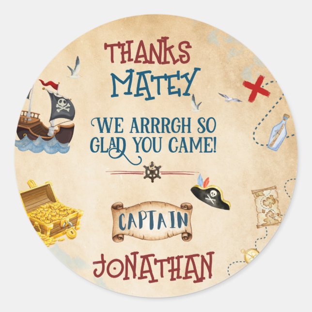 Sticker Rond Enfants pirate fête anniversaire Merci Favoriser (Devant)