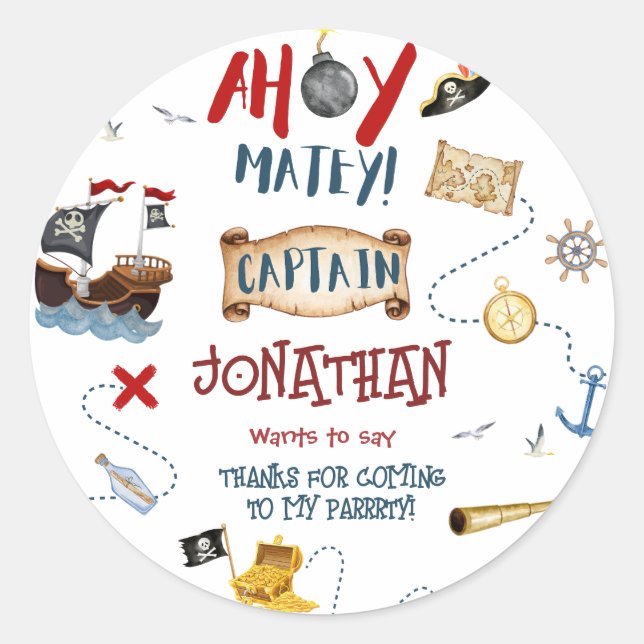 Sticker Rond Enfants pirate fête anniversaire Merci Favoriser (Devant)
