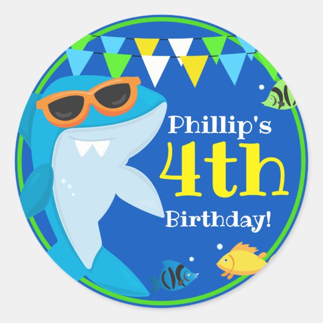 Sticker Rond Enfants requin bleu Fintastic Anniversaire (Devant)
