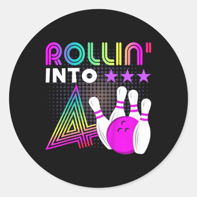 Sticker Rond Enfants Rollin Into 4 Bowling Anniversaire fête 4e (Devant)