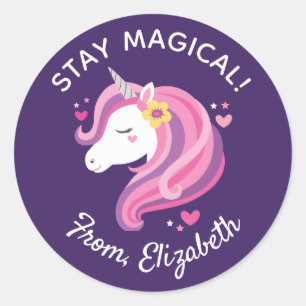 Sticker Rond Enfants Rose Unicorne Visage Valentines Jour Class