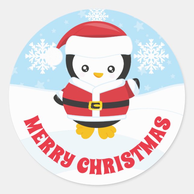 Sticker Rond Enfants Santa Claus tenue Penguin Joyeux Noël (Devant)