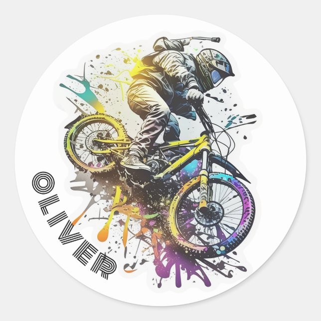 Sticker Rond Enfants Vélo BMX. Racing extrême aventure garçon (Devant)