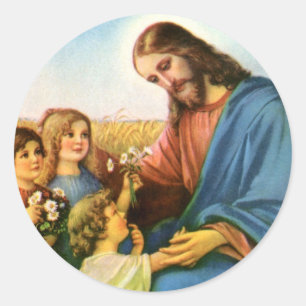 Sticker Rond Enfants vintage apportent des fleurs à Jésus-Chris