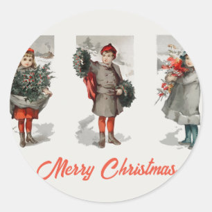 Sticker Rond Enfants vintages et Noël de neige hivernale Holly