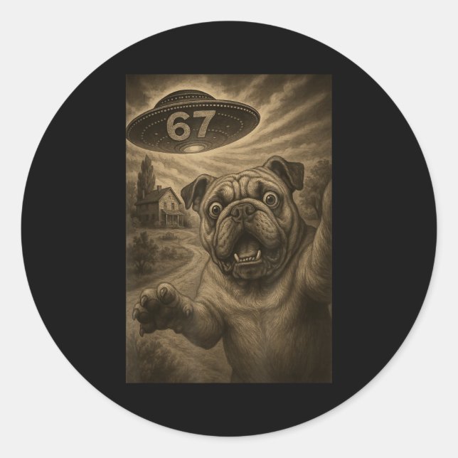 Sticker Rond English Bulldog Dog Selfie 67 Meme Six Seven Funny (Devant)