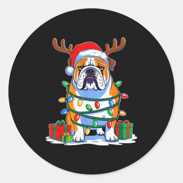 Sticker Rond English Bulldog Dog Tree Christmas Lights Funny Xm (Devant)