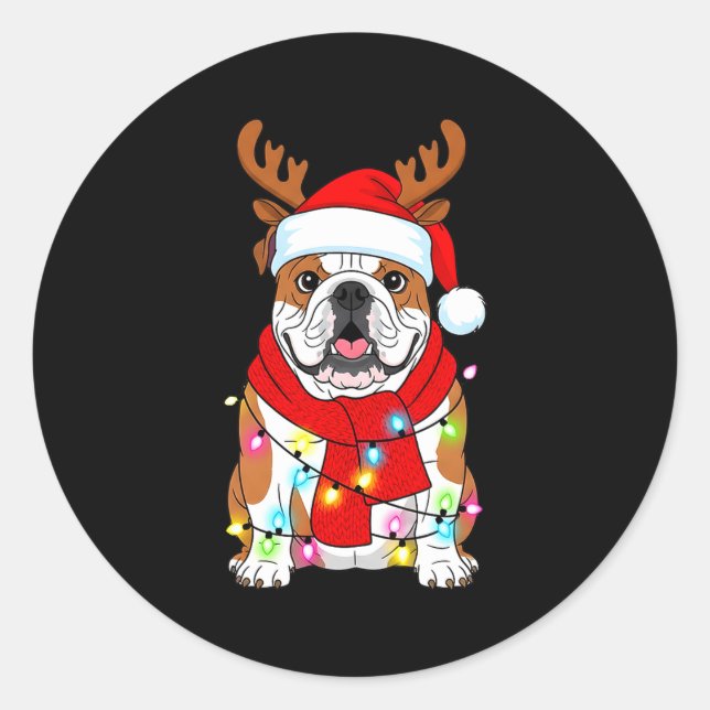 Sticker Rond English Bulldog Dog Tree Christmas Lights Xmas Paj (Devant)