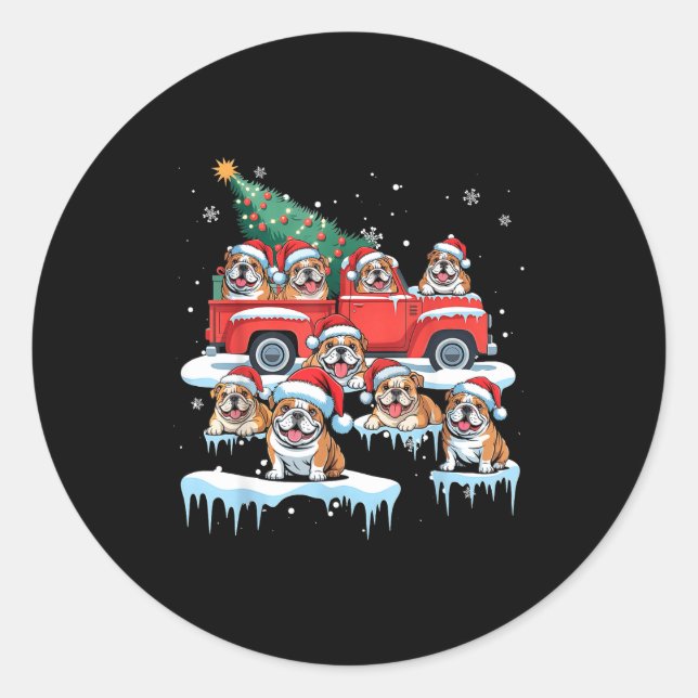 Sticker Rond English Bulldog Riding Red Truck Ugly Sweater Chri (Devant)