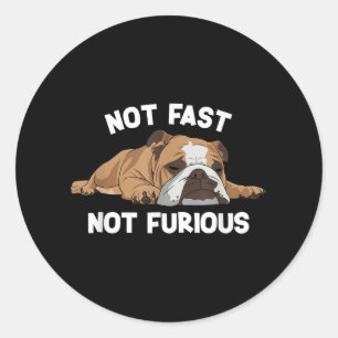 Sticker Rond English Bulldog Sleeping Not Fast Not Furious Funn