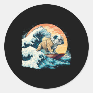 Sticker Rond English Bulldog Surfing On The Great Wave Of Kanag